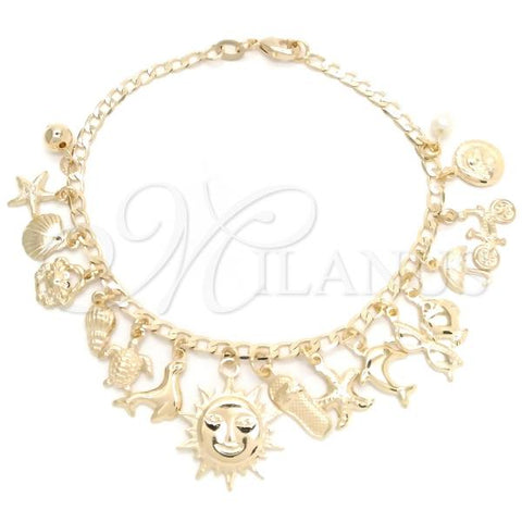 Oro Laminado Charm Bracelet, Gold Filled Style Sun and Bird Design, with Ivory Pearl, Polished, Golden Finish, 03.58.0068.07