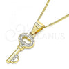 Oro Laminado Pendant Necklace, Gold Filled Style key Design, with White Crystal, Polished, Golden Finish, 04.213.0193.20