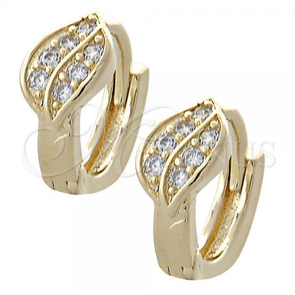 Oro Laminado Huggie Hoop, Gold Filled Style Leaf Design, with White Cubic Zirconia, Polished, Golden Finish, 02.155.0036