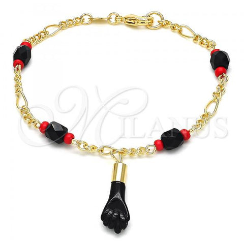 Oro Laminado Fancy Bracelet, Gold Filled Style Figa Hand Design, with Black Azavache, Red Resin Finish, Golden Finish, 5.039.008.07