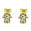 Oro Laminado Stud Earring, Gold Filled Style Hand of God and Evil Eye Design, with Multicolor Micro Pave, Blue Enamel Finish, Golden Finish, 02.341.0046