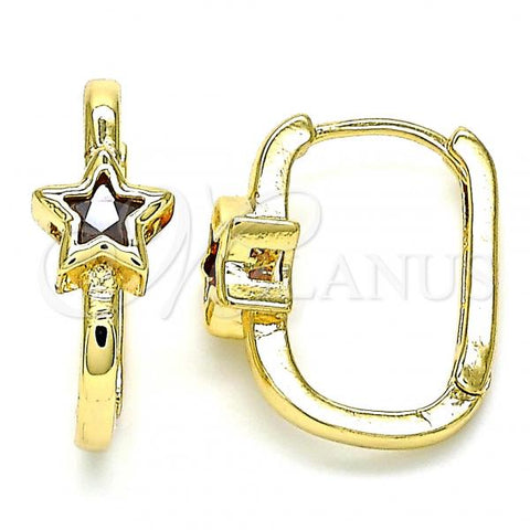 Oro Laminado Huggie Hoop, Gold Filled Style Star Design, with Garnet Cubic Zirconia, Polished, Golden Finish, 02.210.0555.1.15