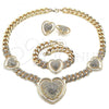 Oro Laminado Necklace, Bracelet and Earring, Gold Filled Style Heart and Miami Cuban Design, with White Crystal, Polished, Golden Finish, 06.372.0031