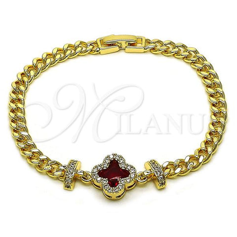 Oro Laminado Fancy Bracelet, Gold Filled Style Four-leaf Clover and Miami Cuban Design, with Garnet Cubic Zirconia and White Micro Pave, Diamond Cutting Finish, Golden Finish, 03.283.0416.1.07