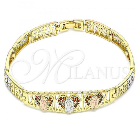 Oro Laminado Fancy Bracelet, Gold Filled Style Guadalupe Design, with Garnet Micro Pave, Polished, Tricolor, 03.380.0013.1.08