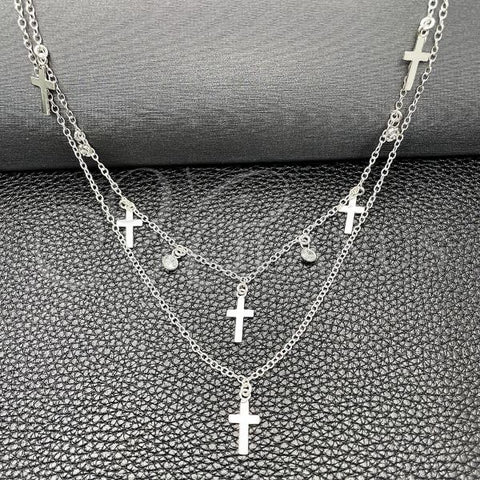 Sterling Silver Fancy Necklace, Rolo and Cross Design, with White Cubic Zirconia, Polished, Silver Finish, 04.402.0005.18