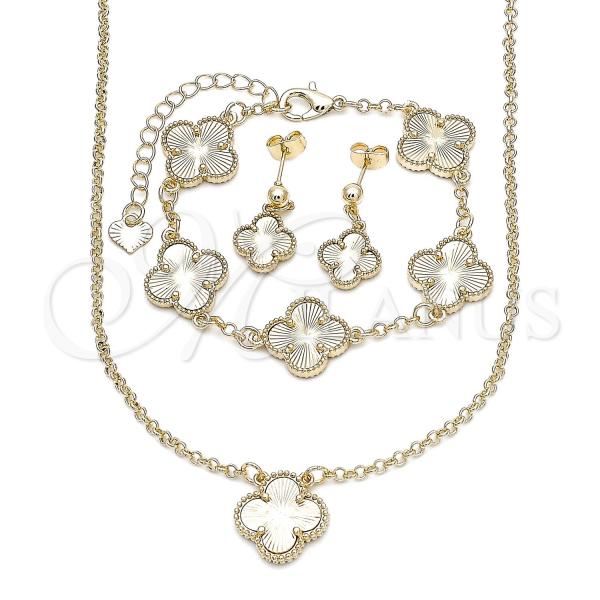 Oro Laminado Necklace, Bracelet and Earring, Gold Filled Style Four-leaf Clover and Rolo Design, Diamond Cutting Finish, Golden Finish, 06.414.0003.3