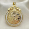 Oro Laminado Religious Pendant, Gold Filled Style Greek Key and Centenario Coin Design, with White and Ruby Cubic Zirconia, Polished, Golden Finish, 05.26.0043