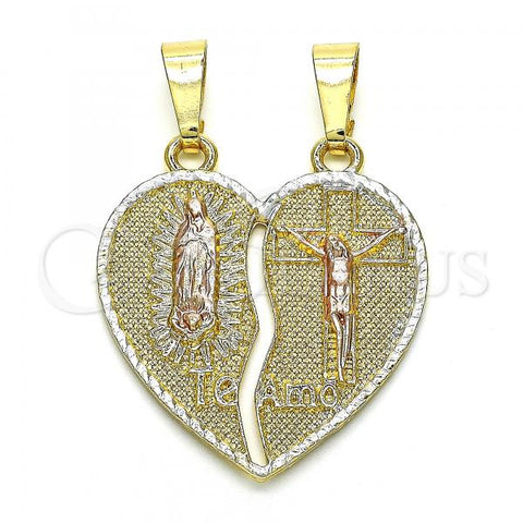 Oro Laminado Fancy Pendant, Gold Filled Style Guadalupe and Crucifix Design, Polished, Tricolor, 05.351.0020
