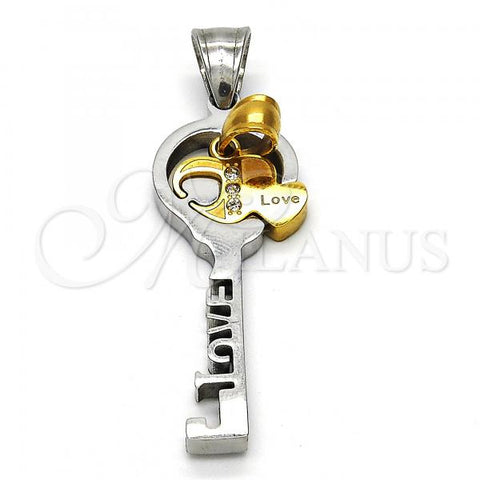 Stainless Steel Fancy Pendant, key and Heart Design, with White Crystal, Polished, Steel Finish, 05.294.0006.1