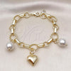 Oro Laminado Charm Bracelet, Gold Filled Style Heart and Ball Design, with Ivory Pearl and White Cubic Zirconia, Polished, Golden Finish, 03.331.0259.08