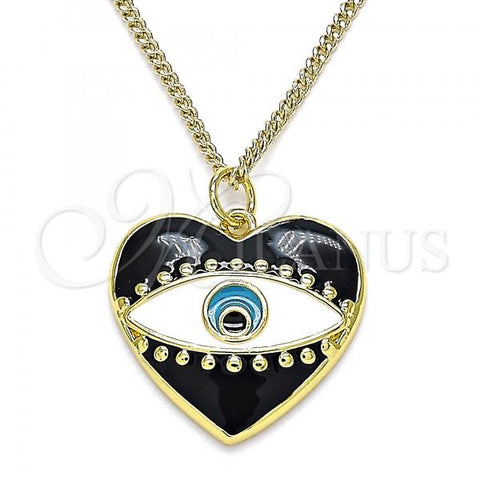 Oro Laminado Pendant Necklace, Gold Filled Style Evil Eye and Heart Design, Black Enamel Finish, Golden Finish, 04.313.0058.20