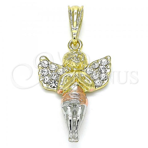 Oro Laminado Religious Pendant, Gold Filled Style Angel Design, with White Crystal, Polished, Tricolor, 05.380.0110