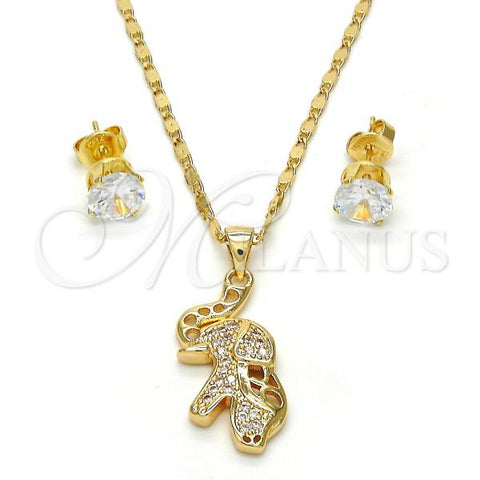 Oro Laminado Earring and Pendant Adult Set, Gold Filled Style Elephant Design, with White Micro Pave, Polished, Golden Finish, 10.233.0027