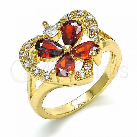Oro Laminado Multi Stone Ring, Gold Filled Style Heart and Flower Design, with Garnet and White Cubic Zirconia, Polished, Golden Finish, 01.365.0005.09 (Size 9)