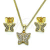 Oro Laminado Earring and Pendant Adult Set, Gold Filled Style Butterfly Design, with White Micro Pave, Polished, Golden Finish, 10.284.0025
