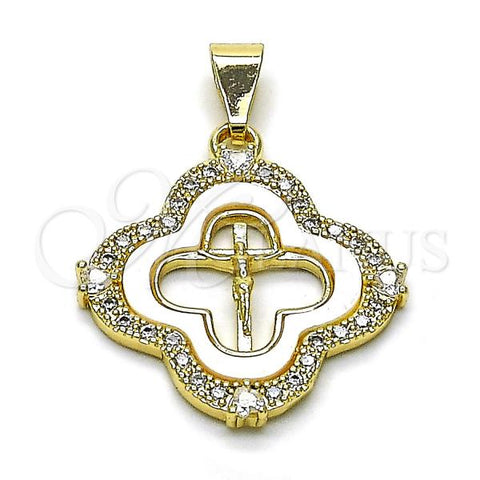 Oro Laminado Religious Pendant, Gold Filled Style Four-leaf Clover and San Judas Design, with Ivory Mother of Pearl and White Cubic Zirconia, Polished, Golden Finish, 05.253.0194