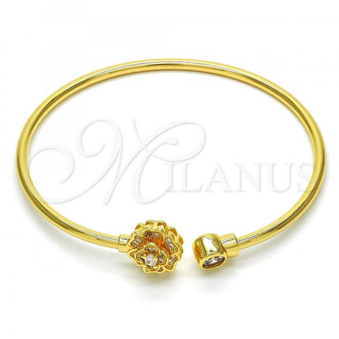 Oro Laminado Individual Bangle, Gold Filled Style Flower Design, with White Cubic Zirconia and White Micro Pave, Polished, Golden Finish, 07.233.0003 (03 MM Thickness, One size fits all)
