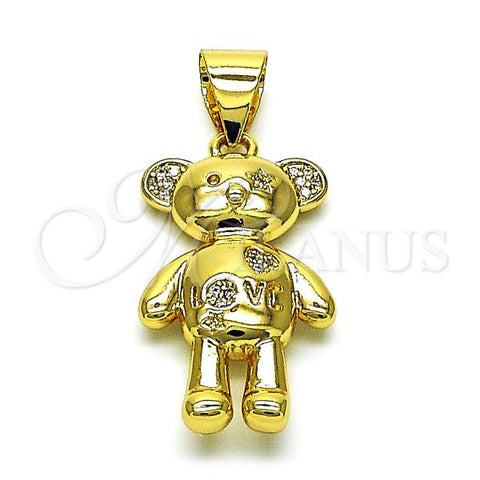Oro Laminado Fancy Pendant, Gold Filled Style Teddy Bear and Heart Design, with White Micro Pave, Polished, Golden Finish, 05.342.0192