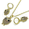 Oro Laminado Earring and Pendant Adult Set, Gold Filled Style Owl Design, with Black Cubic Zirconia and Ruby Micro Pave, Polished, Golden Finish, 10.196.0061