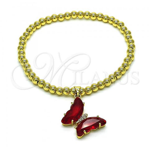 Oro Laminado Fancy Bracelet, Gold Filled Style Expandable Bead and Butterfly Design, with Light Siam Crystal and White Micro Pave, Polished, Golden Finish, 03.341.0112.3.07