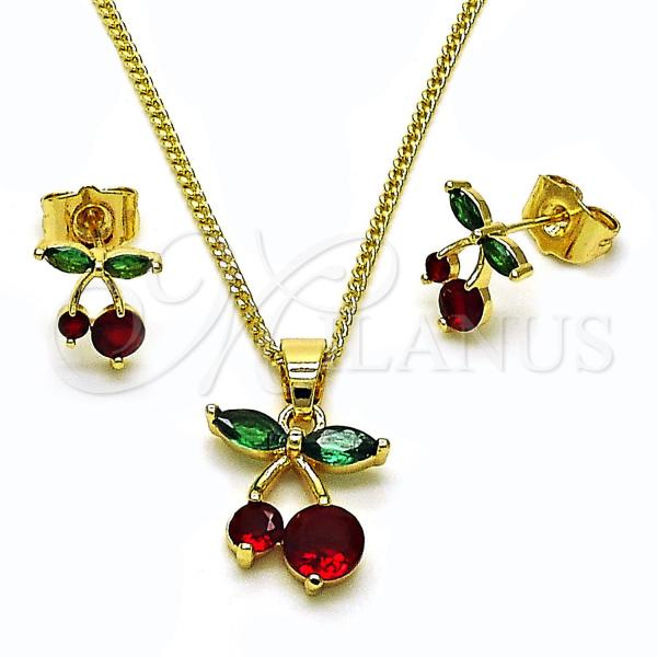Oro Laminado Earring and Pendant Adult Set, Gold Filled Style Cherry Design, with Garnet and Green Cubic Zirconia, Polished, Golden Finish, 10.283.0030