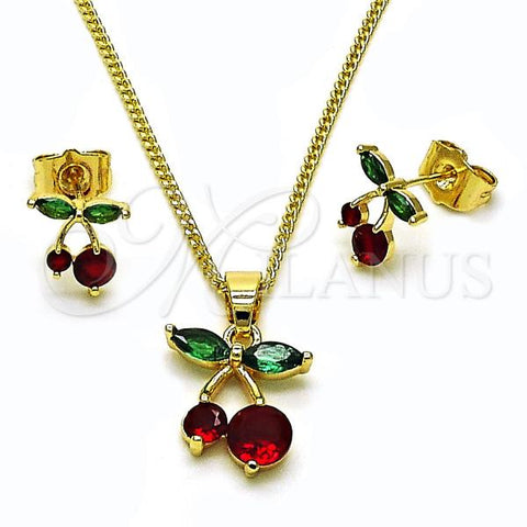 Oro Laminado Earring and Pendant Adult Set, Gold Filled Style Cherry Design, with Garnet and Green Cubic Zirconia, Polished, Golden Finish, 10.283.0030