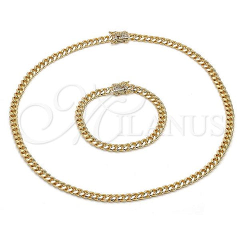 Oro Laminado Necklace and Bracelet, Gold Filled Style Miami Cuban Design, with White Micro Pave, Polished, Golden Finish, 06.156.0002