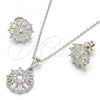 Sterling Silver Earring and Pendant Adult Set, Flower Design, with White Cubic Zirconia, Polished, Rhodium Finish, 10.286.0007