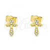 Oro Laminado Stud Earring, Gold Filled Style Cross Design, with White Micro Pave, Polished, Golden Finish, 02.310.0049