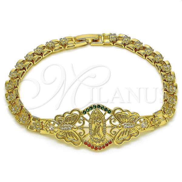 Oro Laminado Fancy Bracelet, Gold Filled Style Guadalupe and Butterfly Design, with Multicolor Cubic Zirconia, Polished, Golden Finish, 03.283.0406.07