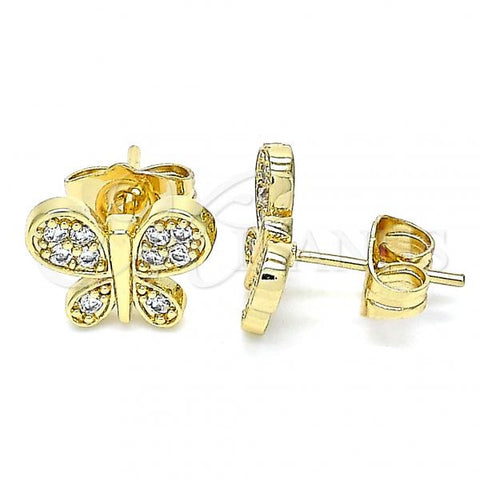 Oro Laminado Stud Earring, Gold Filled Style Butterfly Design, with White Micro Pave, Polished, Golden Finish, 02.210.0464