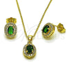 Oro Laminado Earring and Pendant Adult Set, Gold Filled Style Cluster Design, with Green Cubic Zirconia and White Micro Pave, Polished, Golden Finish, 10.156.0532