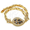 Oro Laminado Fancy Bracelet, Gold Filled Style Leaf and Fish Design, with Black and White Cubic Zirconia, Polished, Golden Finish, 03.210.0095.08