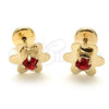 Oro Laminado Stud Earring, Gold Filled Style Flower Design, with Garnet Cubic Zirconia, Polished, Golden Finish, 02.09.0205