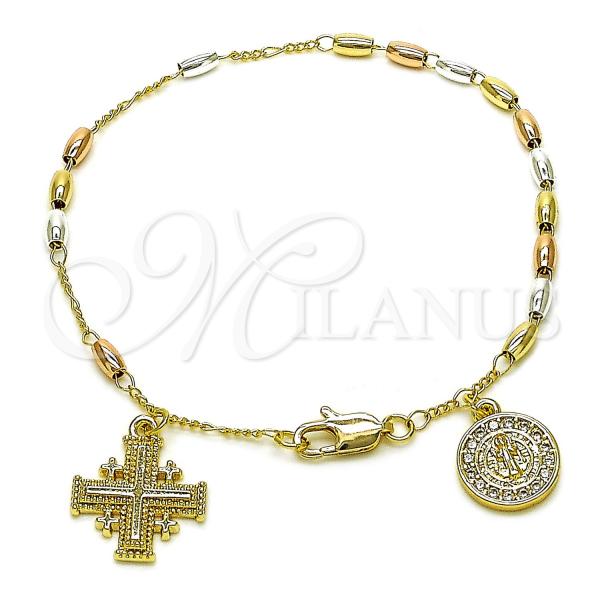 Oro Laminado Bracelet Rosary, Gold Filled Style San Benito and Cross Design, with White Micro Pave, Polished, Tricolor, 09.253.0075.08