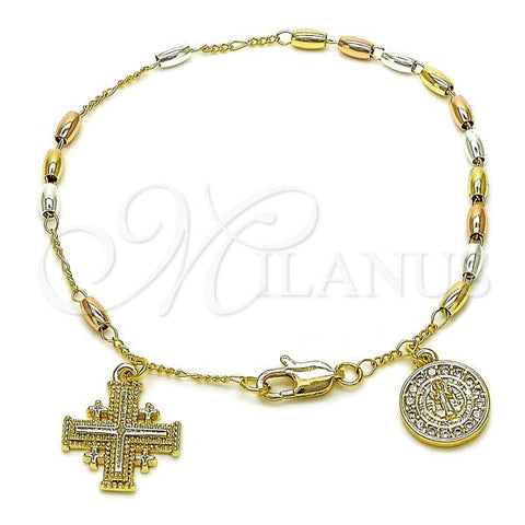 Oro Laminado Bracelet Rosary, Gold Filled Style San Benito and Cross Design, with White Micro Pave, Polished, Tricolor, 09.253.0075.08