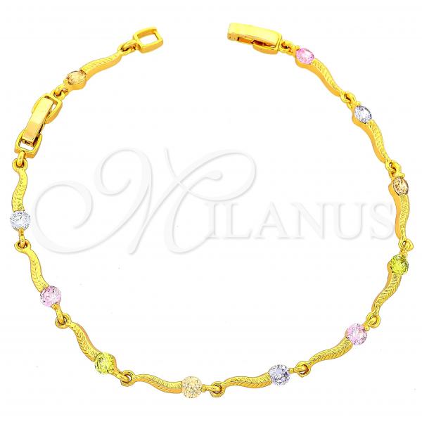 Oro Laminado Fancy Bracelet, Gold Filled Style with Multicolor Cubic Zirconia, Golden Finish, 03.60.0017