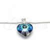 Rhodium Plated Pendant Necklace, Heart and Rat Tail Design, with Bermuda Blue Swarovski Crystals and White Crystal, Polished, Rhodium Finish, 04.239.0018.16