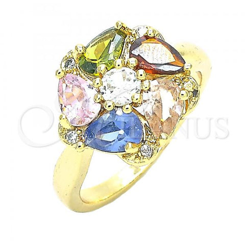 Oro Laminado Multi Stone Ring, Gold Filled Style Flower and Teardrop Design, with Multicolor Cubic Zirconia, Polished, Golden Finish, 01.221.0009.1.07 (Size 7)