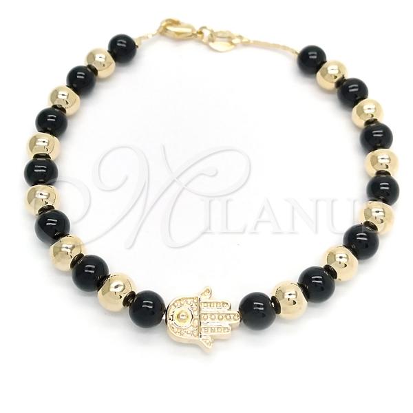 Oro Laminado Charm Bracelet, Gold Filled Style Ball and Hand of God Design, with Black Azavache, Polished, Golden Finish, 03.32.0568.07