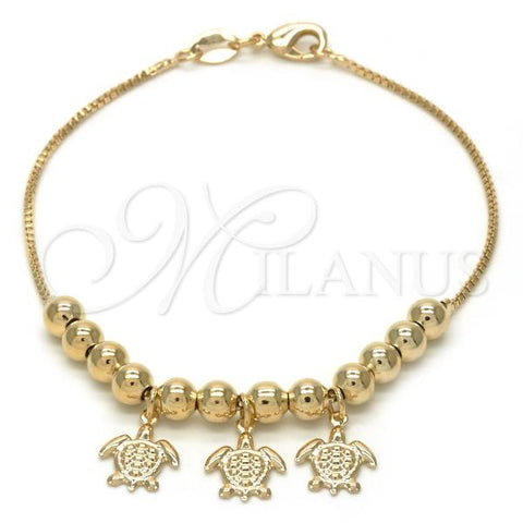 Oro Laminado Charm Bracelet, Gold Filled Style Turtle and Ball Design, Polished, Golden Finish, 03.32.0130.07