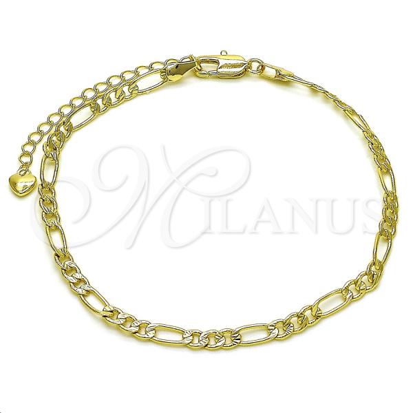 Oro Laminado Basic Anklet, Gold Filled Style Figaro Design, Diamond Cutting Finish, Golden Finish, 03.213.0309.10