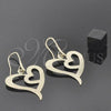 Oro Laminado Dangle Earring, Gold Filled Style Heart Design, Diamond Cutting Finish, Golden Finish, 5.079.013