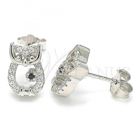Sterling Silver Stud Earring, Owl Design, with Black Cubic Zirconia and White Crystal, Polished, Rhodium Finish, 02.336.0146