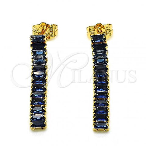 Oro Laminado Long Earring, Gold Filled Style Baguette Design, with Sapphire Blue Cubic Zirconia, Polished, Golden Finish, 02.403.0001.6