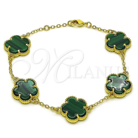 Oro Laminado Fancy Bracelet, Gold Filled Style Flower and Rolo Design, with Green Opal, Polished, Golden Finish, 03.313.0043.3.08