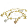 Oro Laminado Charm Bracelet, Gold Filled Style Turtle and Cross Design, Polished, Tricolor, 03.351.0016.07