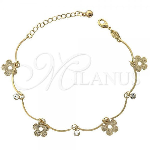 Oro Laminado Charm Bracelet, Gold Filled Style Flower and Ball Design, with White Cubic Zirconia, Polished, Golden Finish, 5.016.005.07