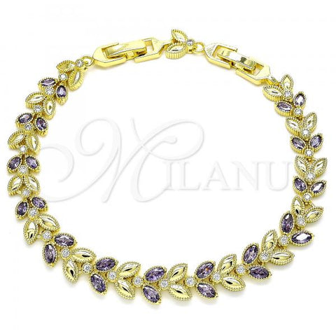 Oro Laminado Tennis Bracelet, Gold Filled Style Leaf Design, with Amethyst and White Cubic Zirconia, Polished, Golden Finish, 03.283.0030.4.08